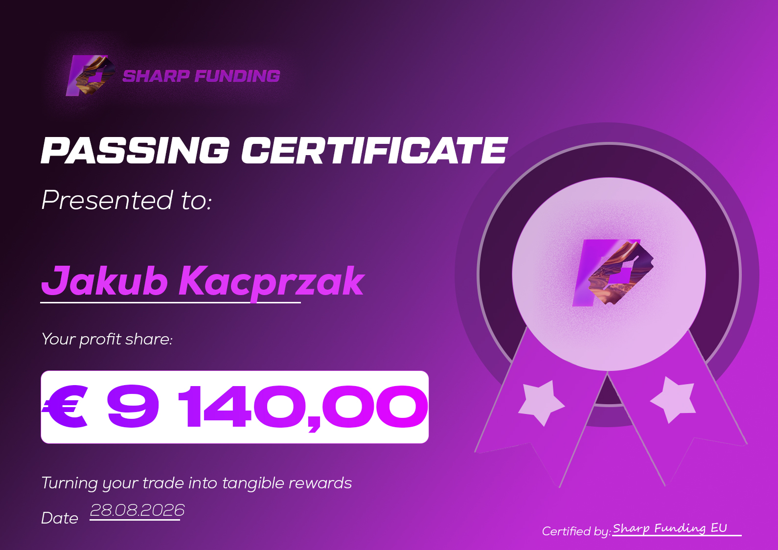 Jakub Kacprzak — zweryfikowane potwierdzenie wypłaty € 9 140,00 z konta symulowanego